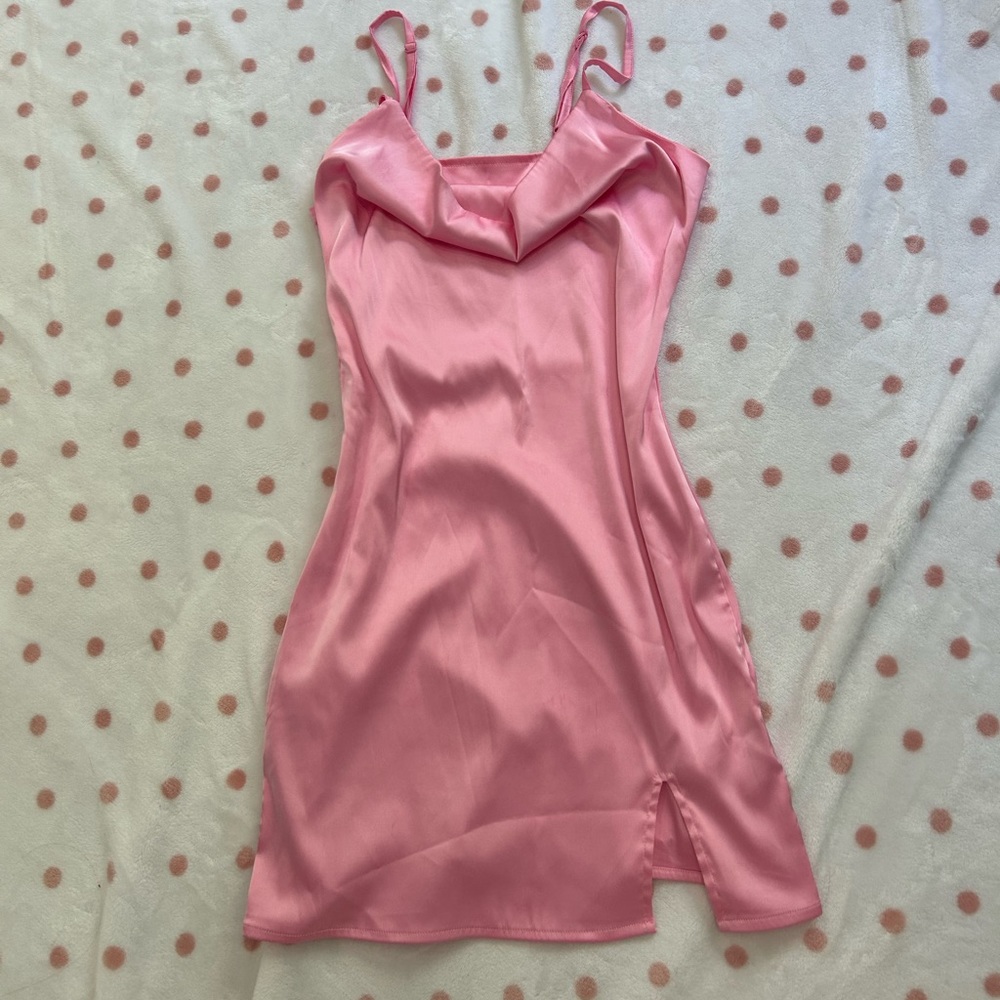 pink satin mini dress with leg slit
